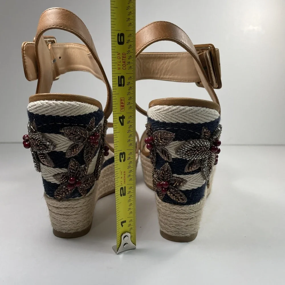 Antonio Melani Espadrille Platform Heels Tan Leather embellished Heel Size 6M
